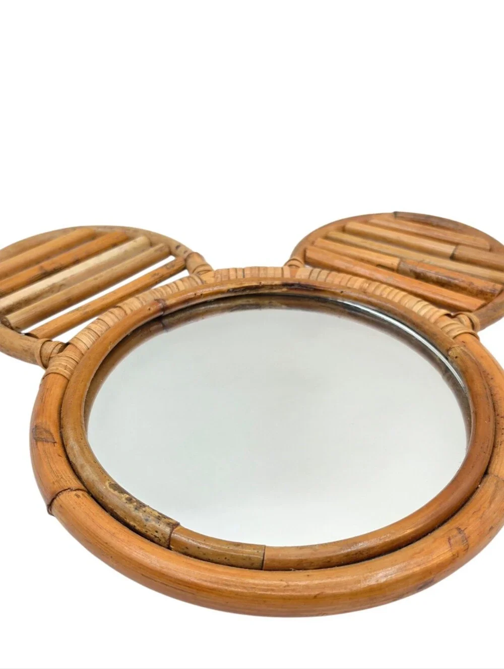 Round Brown Rattan Framed Wall Mirror Mouse Ear Design Wall Mounted